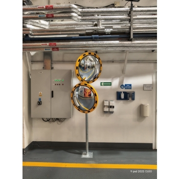 Lustro magazynowe przemysłowe, akrylowe, okrągłe z ramą ostrzegawczą