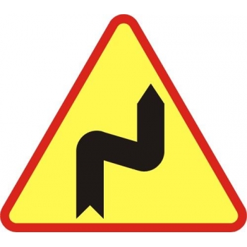 Znak drogowy ostrzegawczy A-3 dwa niebezpieczne zakręty - pierwszy w prawo